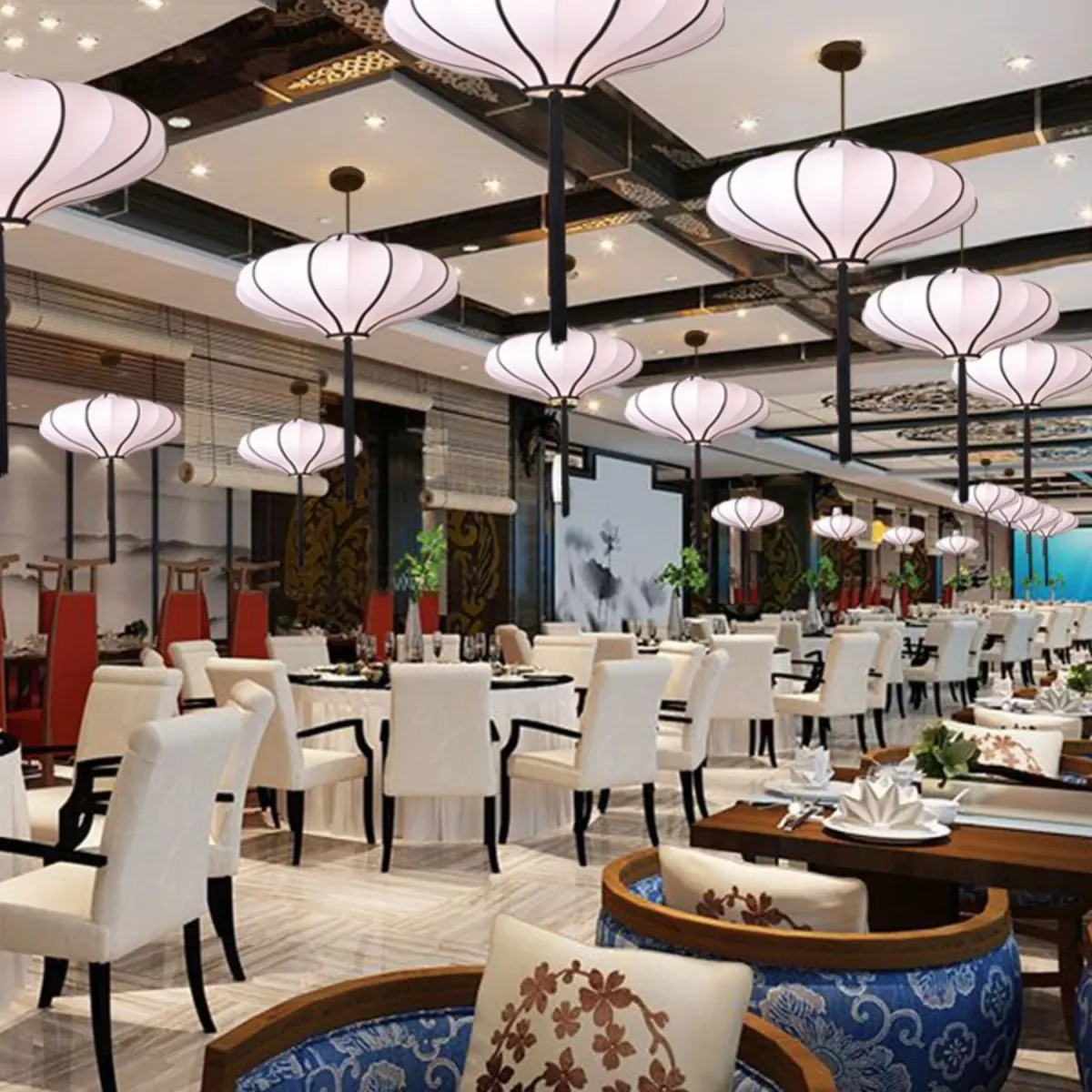 Chao đèn vải treo bàn ăn dáng oval hồng nhạt tạo ánh sáng ấm cho bữa cơm gia đình